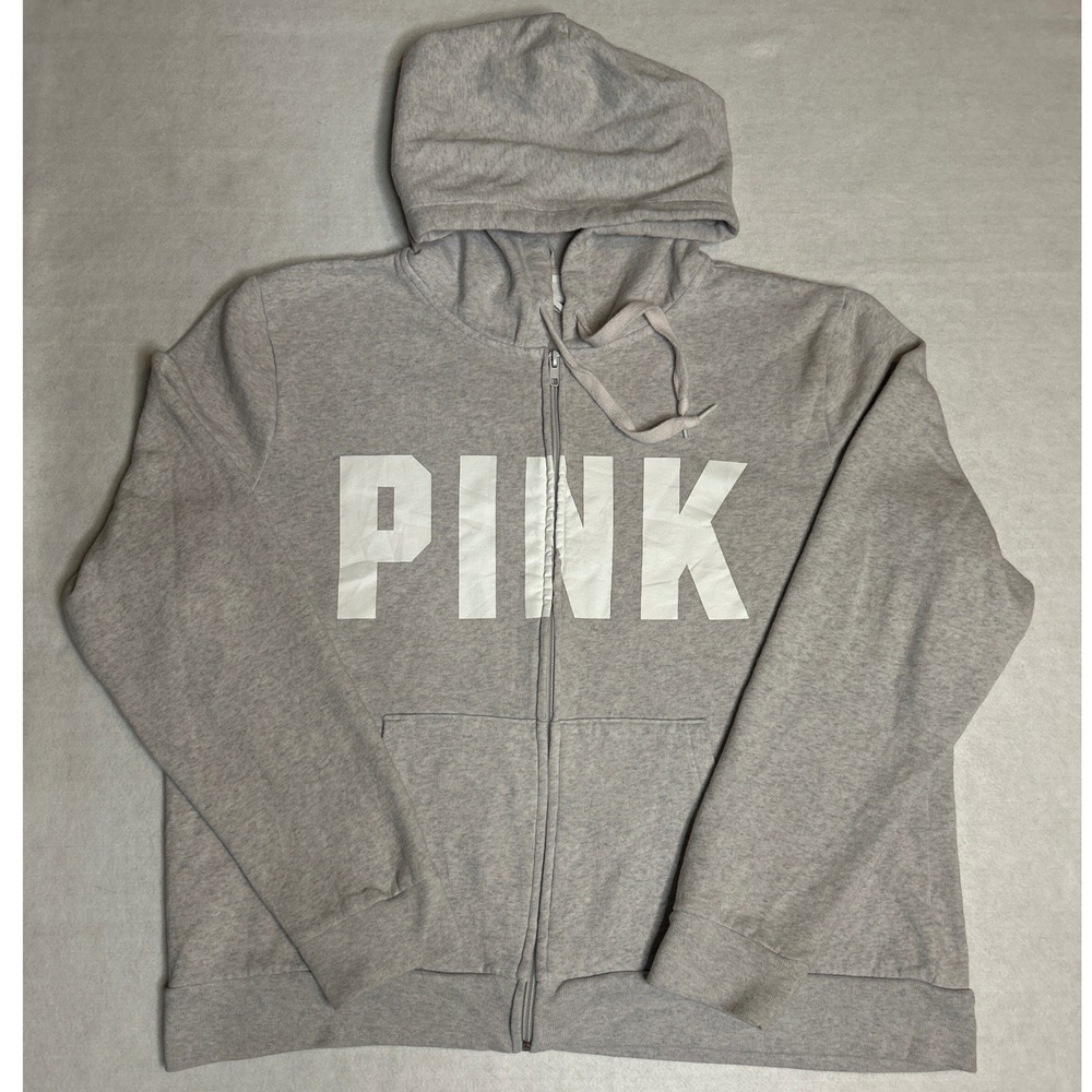 PINK Victoria's Secret Zip Up Hoodie Gray Graphic Full Zip Sweatshirt XXL GUC
